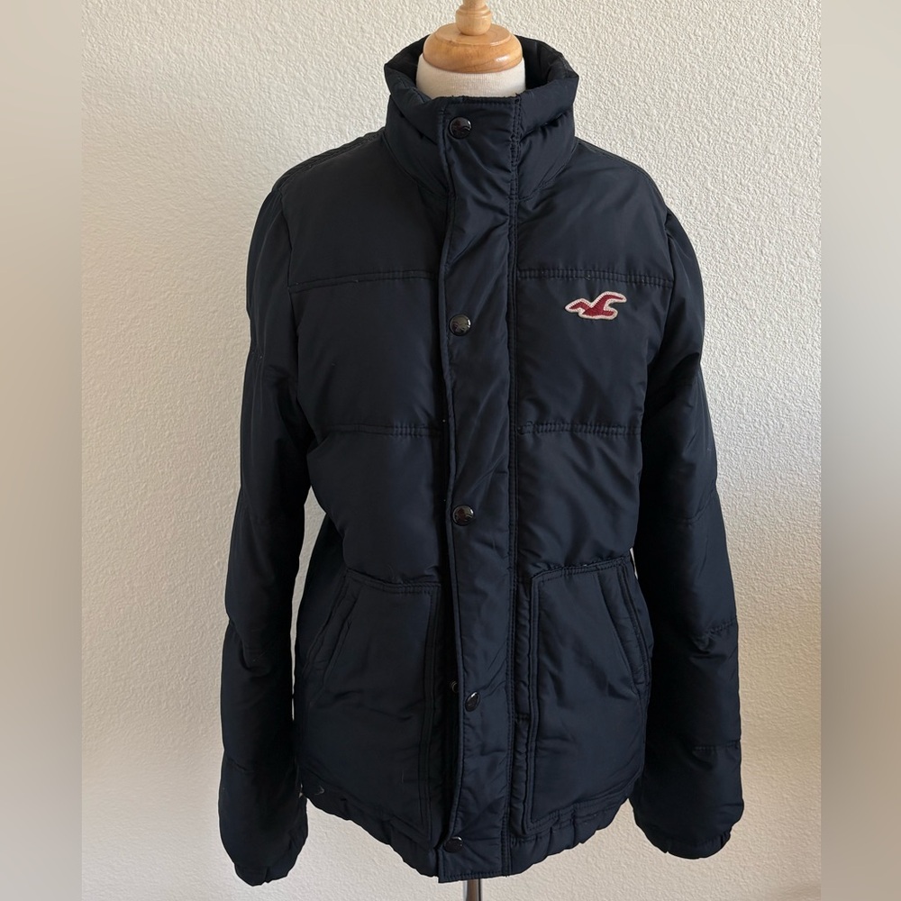 Hollister Down Puffer Jacket Womens Size Large Navy‎ Blue Quilted Button Zip Y2K